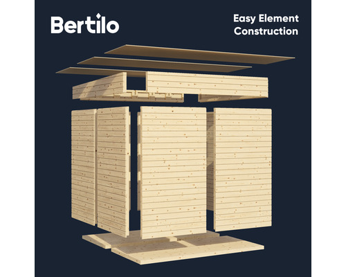 Logo Bertilo. Représentation de la construction d''un abri de jardin avec une construction à éléments.