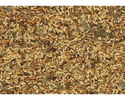 Gros plan de nourriture pour poissons avec granulés, insectes et plantes