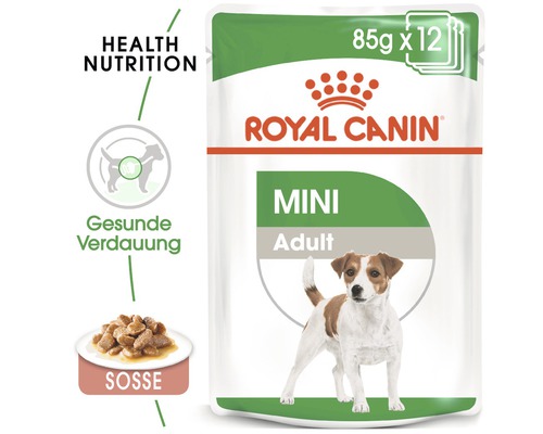 Royal Canin Mini Adult Hundefutter im 85 Gramm Portionsbeutel, 12 Stück für gesunde Verdauung