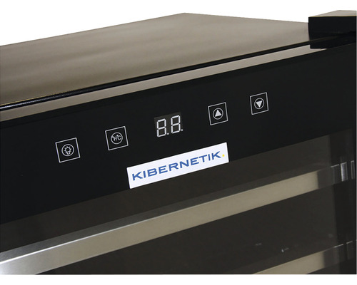 KIBERNETIK Logo auf einem Weinkühlschrank mit digitaler Anzeige und Bedienelementen.