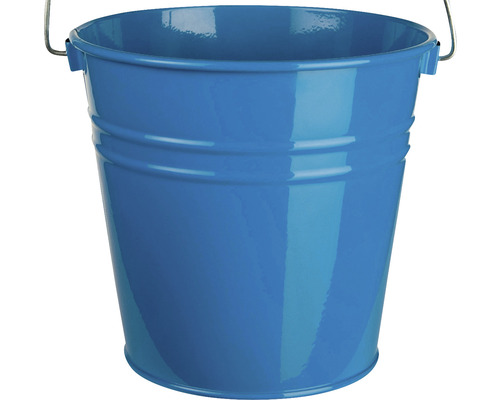 Seau en métal bleu avec poignée de transport