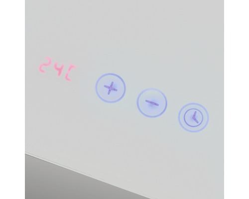 Gros plan des commandes du miroir avec affichage numérique, signe plus, signe moins et icône d''horloge