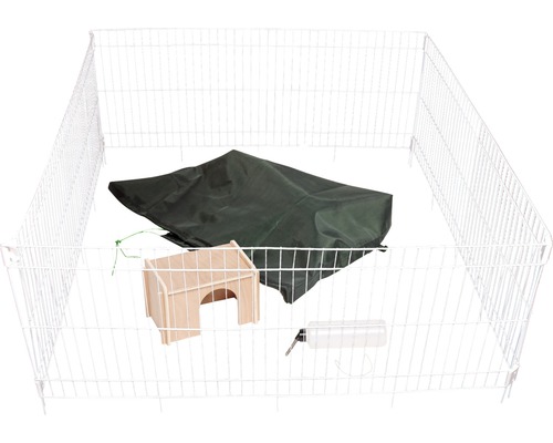 Kleintierauslauf aus Draht mit Schutzhütte, Abdeckung und Trinkflasche