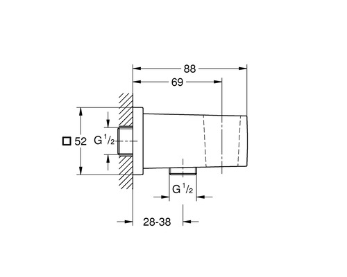Technische Zeichnung eines Wasserhahnanschlusses mit Maßangaben