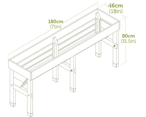 Illustration eines Hochbeets mit den Maßen 180 cm Länge, 46 cm Breite und 80 cm Höhe.