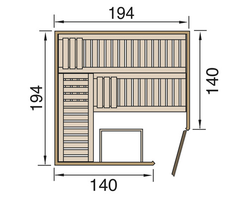 Grundriss einer Sauna mit den Maßen 194 mal 194 Zentimeter und 140 mal 140 Zentimeter.