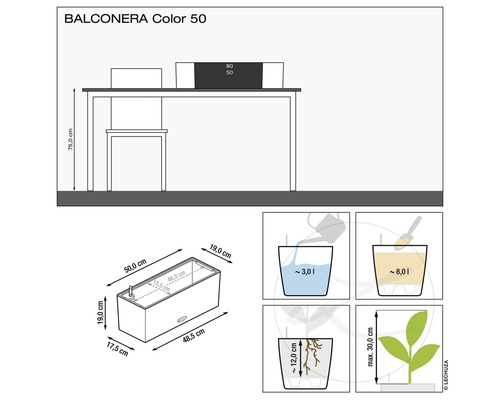 Illustration du produit Balconera Color 50 avec indications de dimensions, quantité d''eau et hauteur de plantation.
