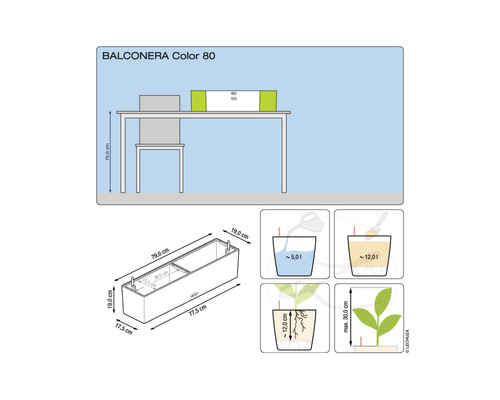 Schéma technique du bac à fleurs Balconera Color 80 avec dimensions