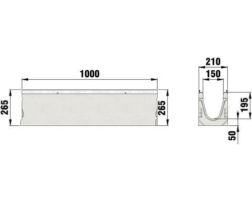 Technische Zeichnung einer Entwässerungsrinne mit Massangaben