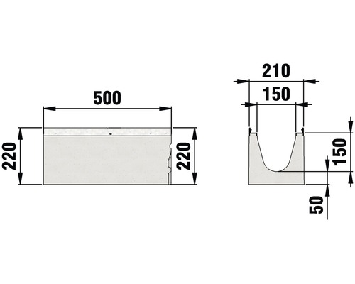 Technische Zeichnung einer Entwässerungsrinne mit Maßangaben