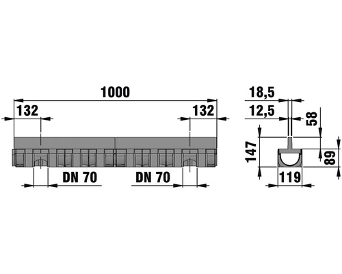 Technische Zeichnung einer Duschrinne mit Maßangaben