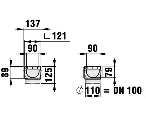 Technische Zeichnung eines Bodenablaufs mit Maßangaben