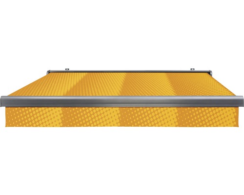 Gelbe Markise mit Punktmuster und Metalleinfassung