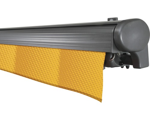 Markise mit gelbem Stoff und Punktmuster