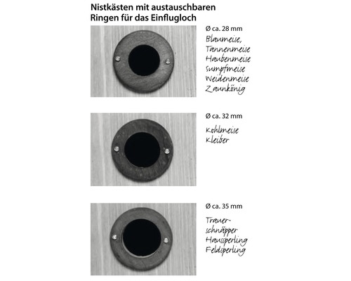 Austauschbare Ringe für Nistkästen mit verschiedenen Durchmessern für unterschiedliche Vogelarten