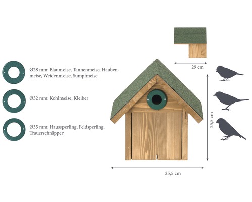 Vogelhaus aus Holz mit Dach und verschiedenen Einfluglochgrössen