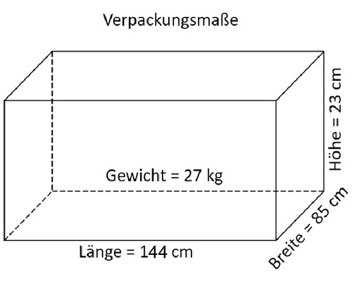 Verpackungsmasse: Länge 144 cm, Breite 85 cm, Höhe 23 cm, Gewicht 27 kg