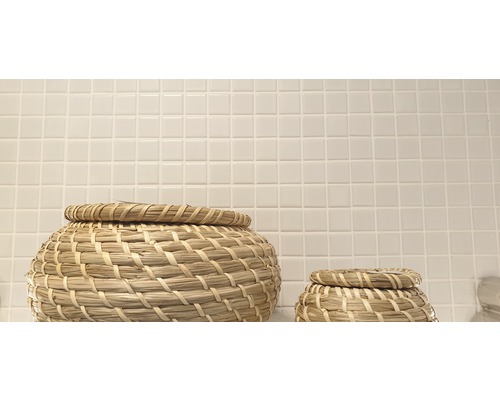 Deux paniers tressés avec couvercle devant un mur carrelé de petits carreaux carrés.