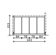 Plan technique d''une cabane de jardin avec les dimensions 213 x 343 cm.