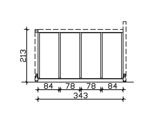 Plan technique d''une cabane de jardin avec les dimensions 213 x 343 cm.
