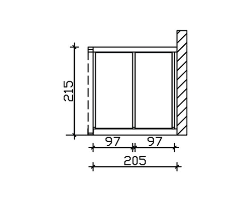 Schéma technique d''une étagère avec les dimensions 215, 97, 97 et 205.