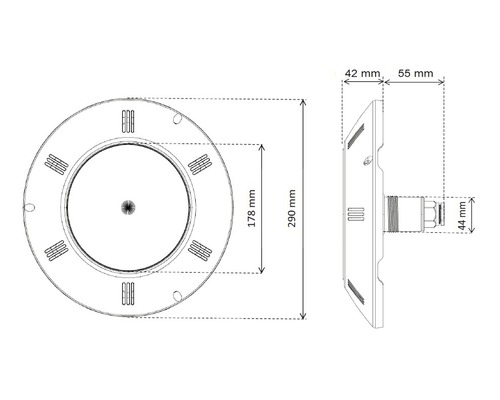 Technische Zeichnung einer Anschlussdose mit den Maßen 290 mm, 178 mm, 55 mm und 42 mm