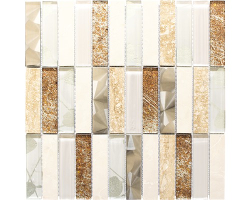 Mosaïque de verre DAY 52X, MIX BEIGE, 29.8x29.8 cm Mosaïque avec éléments allongés en pierre et verre