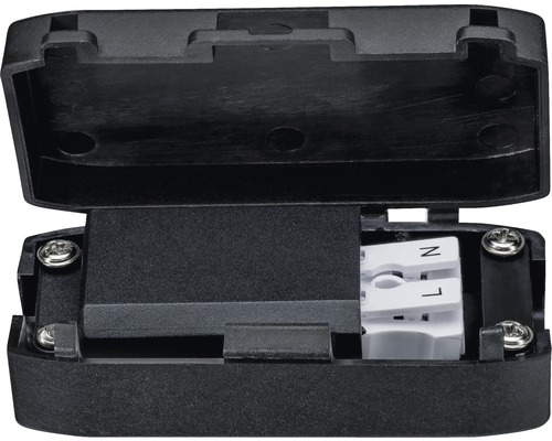 Schwarze Anschlussdose mit offenem Deckel und Schraubverbindungen