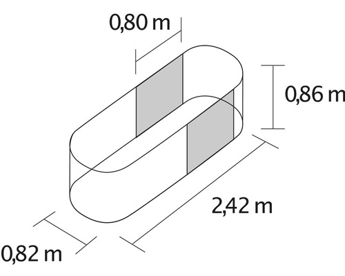 Technische Zeichnung eines Pools mit den Maßen 2,42 Meter Länge, 0,82 Meter Breite und 0,86 Meter Höhe