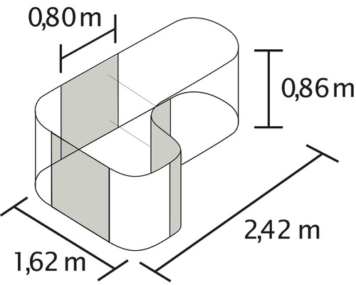 Darstellung der Abmessungen eines Produkts: 0,80 Meter Breite, 0,86 Meter Höhe und 2,42 Meter Länge.