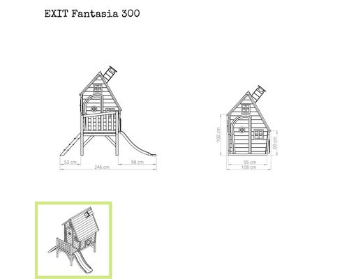 Plan technique de la cabane de jeux EXIT Fantasia 300 avec dimensions