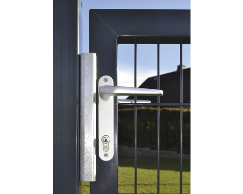 Detailansicht eines Gartentors mit Griff und Schloss