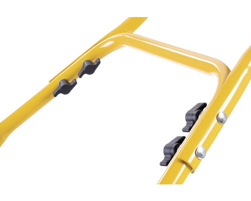 Vue détaillée d''un cadre métallique jaune avec vis et boutons rotatifs.