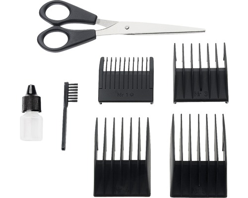Haarschneideset mit Schere, Reinigungsbürste, Ölflasche und vier Aufsätzen