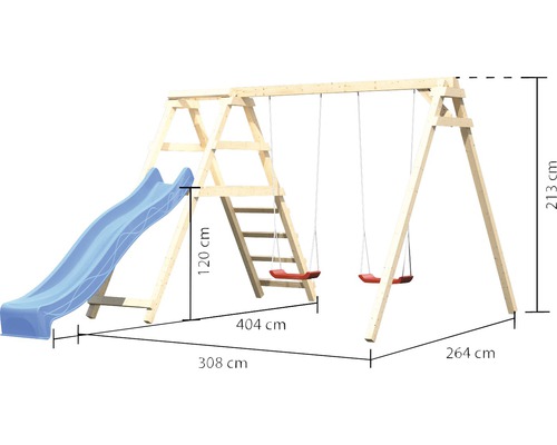 Tour de jeu en bois avec toboggan et balançoire avec indications de dimensions