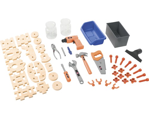 Set d''outils jouets avec marteau, tournevis, clé, pince, vis, écrous, scie, perceuse et blocs de construction