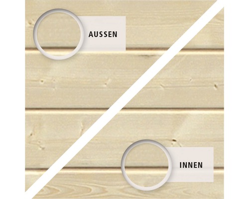 Holzfassade mit Markierungen für Außenseite und Innenseite