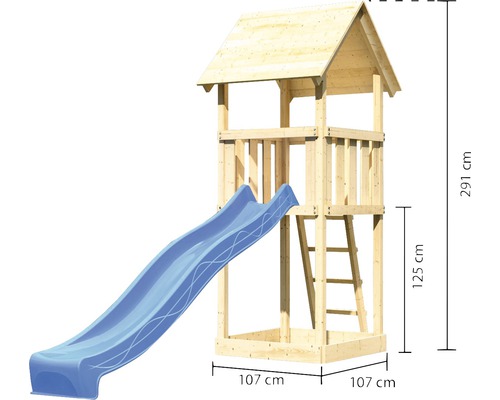Spielturm aus Holz mit Rutsche und Leiter, Maße 291 x 107 x 107 cm