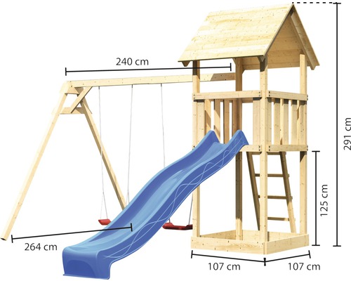 Holzspielturm mit Schaukel, Rutsche und den Maßen 291 x 240 x 264 cm