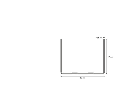 Dimensions d''un profilé en U : 0,6 mm d''épaisseur, 40 mm de hauteur et 50 mm de largeur