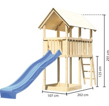 Tour de jeu en bois avec toboggan et échelle, dimensions 291 cm de hauteur, 107 cm de largeur et 202 cm de profondeur