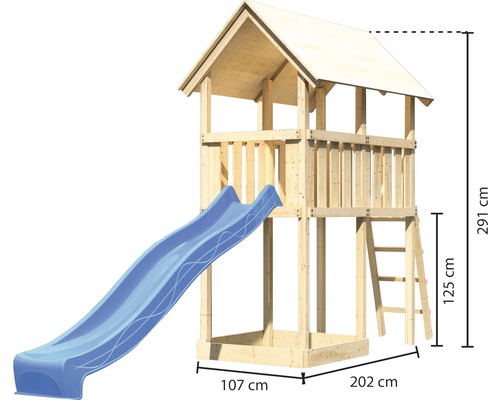 Tour de jeu en bois avec toboggan et échelle, dimensions 291 cm de hauteur, 107 cm de largeur et 202 cm de profondeur