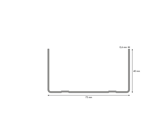 Dimensions d''un profilé en U : 75 mm de large, 40 mm de haut, 0,6 mm d''épaisseur