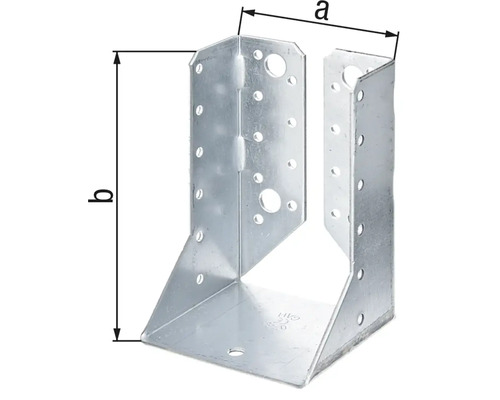 Pfostenträger aus Metall mit Löchern und Grössenangaben