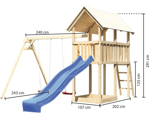 Tour de jeux en bois avec balançoire et toboggan avec dimensions