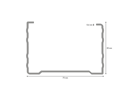 Rail profilé mesurant 75 mm sur 50 mm avec une épaisseur de matériau de 0,6 mm