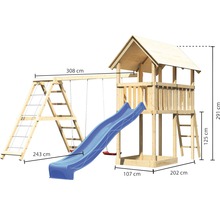 Aire de jeux avec balançoire, toboggan et mur d''escalade avec dimensions