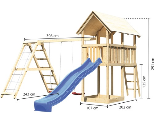 Aire de jeux avec balançoire, toboggan et mur d''escalade avec dimensions