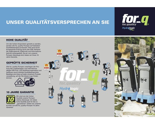 For-q Pumpen Qualitätsversprechen mit VDE und GS Siegel sowie 10 Jahre Garantie