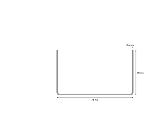 Dimensions d''un profilé en U : 75 mm de large, 40 mm de haut et 0,6 mm d''épaisseur